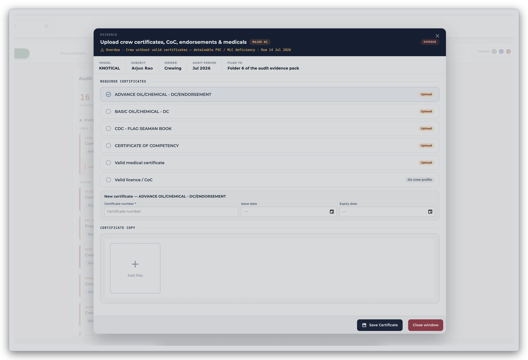 Evidence view listing the required certificates for a crew compliance task